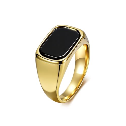 Kemstone Square Black Onyx Signet Ring Stainless Steel Stone Inlay Minimalist Jewelry for Men - color: Gold, size: 10#