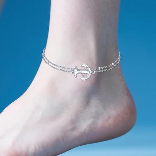 925 Sterling Silver Cat Butterfly Anklets Double Layered Chain for Birthday Women Ankle Bracelet Summer Beach Dainty Jewelry - style: Anchor Anklet