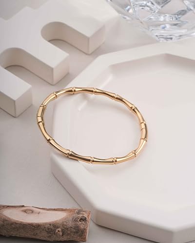 Gold Bamboo Bangle Bracelet for Women – 18K Gold Plated Stainless Steel Slip-On Oval Bangle – Hypoallergenic Waterproof Tarnish Resistant – Minimalist Stackable Jewelry – Gift for Her