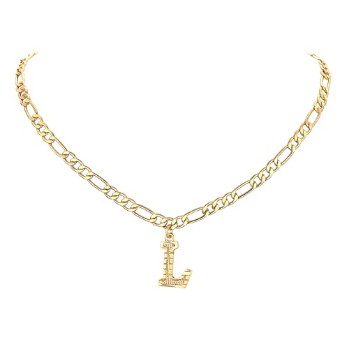 14K Gold Plated Initial Necklaces for Women Men A-Z Letter Necklaces | Figaro Chain, 16"+2" Adjustable Length, with Gift Box - style: L