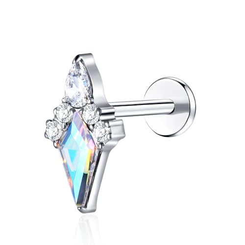 1pcs 16G 18G G23 Titanium Threadless Labret Studs Push-in Labret Lip Cluster Tragus Helix Conch Lobe Rook Cartilage Push Back Piercing Jewelry Earring - style: big-rhombus-AB