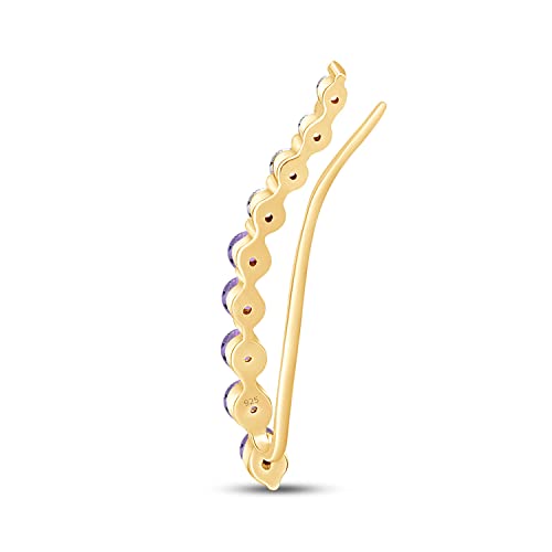 Floating Curved Bar One Piece Left Ear Crawler Earrings With Birthstone | White CZ In 14K Yellow Gold Over Sterling Silver - color: Simulated Alexandrite