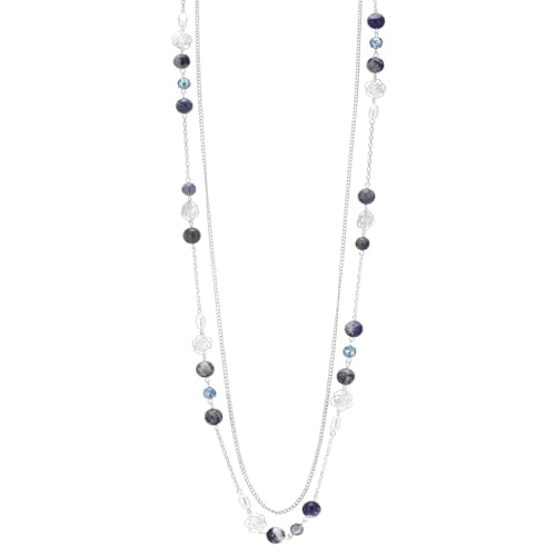 FULU AUTUMN Long Layered Silver Necklaces for Women - Natural Stone and Dainty Flower Beaded Sweater Chain Fashion Jewelry Gifts - color: Blue
