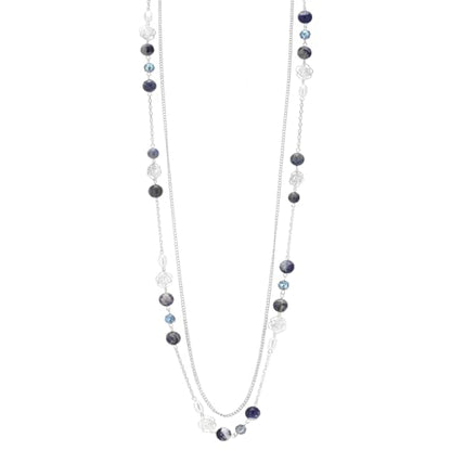 FULU AUTUMN Long Layered Silver Necklaces for Women - Natural Stone and Dainty Flower Beaded Sweater Chain Fashion Jewelry Gifts - color: Blue