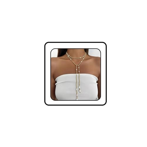 Long Wrap Necklaces for Women Dainty Layered Pearl Chain Necklace Turquoise Wrap Necklaces Long Lariat Necklace Statement Y-shaped Beaded Choker Trendy Costume Jewelry Accessories - color: Gold pearl