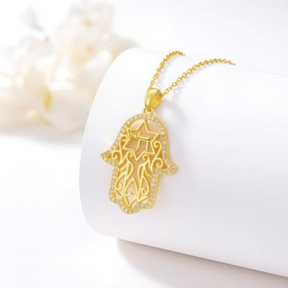 Hamsa Necklace 925 Sterling Silver Evil Eye/Lotus Flower/Star of David/Chai/Yin Yang Hamsa Hand Pendant Jewelry Hand of Fatima Gifts for Women - style: Chai-Gold