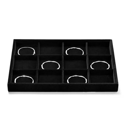 Black Velvet 12 Grid Divided Jewelry Display Organizer Tray | Soft elegant black velvet 12-grid divided tray, classified jewelry storage for home vanity, drawers, retail & trade shows - size: 12 Grid