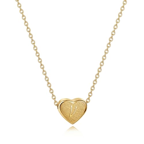18k Gold Plated Heart Pendant Letter Necklaces for Girls Stainless Steel Initial Necklace for Women Birthday Gifts for Girls Women - color: Brushed Gold, style: Letter V
