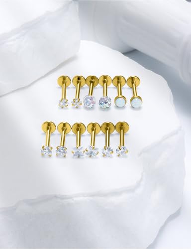 16G Flat Back Earrings Nose Studs 316L Surgical Steel Medusa Labret Monroe Lip Ring Tragus Forward Helix Conch Cartilage Lobe Earrings Stud Piercing Jewelry For Women Men Silver Gold