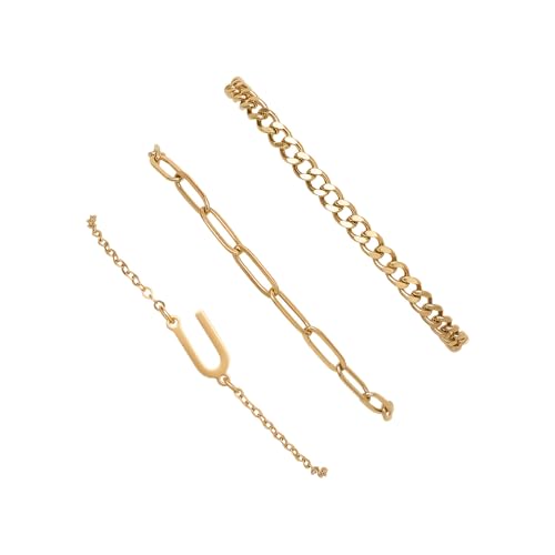 3PCS Gold Bracelet Set for Women, 14K Gold Plated Initial Letter Jewelry, Layered Paperclip and Cuban Chain Stack, Adjustable Stainless Steel Gift - style: Initial-U
