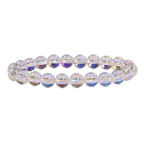 Angelstones Gemstones 8mm Round Beads Healing Crystal Bracelet for women | Natural Gemstone, Handmade Gifts for Women, Healing Crystal Round Beaded Stretch Bracelets, Unisex Jewelry for Women and Men - color: Aqua Aura Clear Quartz