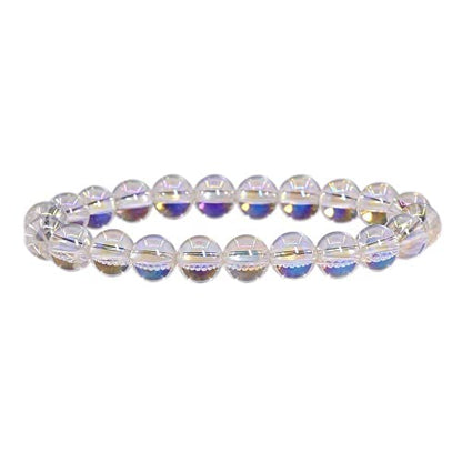 Angelstones Gemstones 8mm Round Beads Healing Crystal Bracelet for women | Natural Gemstone, Handmade Gifts for Women, Healing Crystal Round Beaded Stretch Bracelets, Unisex Jewelry for Women and Men - color: Aqua Aura Clear Quartz