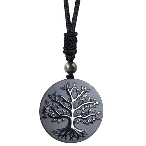 Anjiucc Natural Gemstone Tree of Life Black Obsidian/Golden Obsidian Pendant Necklace for Male and Female Necklace - color: Black obsidian