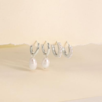 Gold Plated Earrings for Women, 14k Gold Plated Earring Stack Hypoallergenic Pearl Drop Earring Dainty Earrings for Women Trendy Cute Small Huggie Hoop Earring Fashion Womens Jewelry - color: SET17
