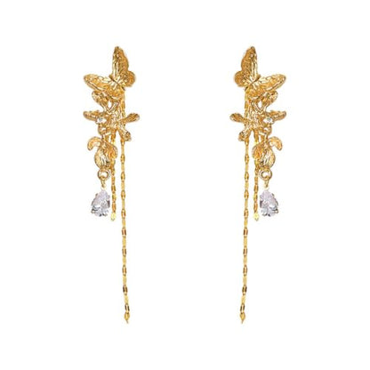 Vintage Gold Butterfly Ear Climbers Detachable Tassel Teardrop CZ Drop Chain Dangle Earrings for Women Party Jewelry