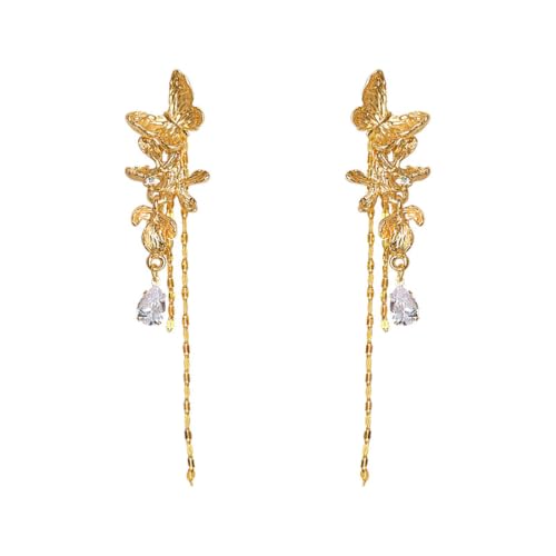 Vintage Gold Butterfly Ear Climbers Detachable Tassel Teardrop CZ Drop Chain Dangle Earrings for Women Party Jewelry