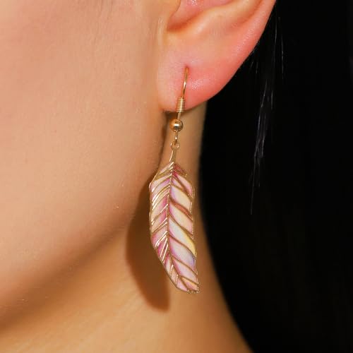 Bohemian Colorful Feather Drop Earrings for Women,Fashion Gradient Leaf Danging Earring Lightweight Hook Shaped Statement Jewelry - color: color D