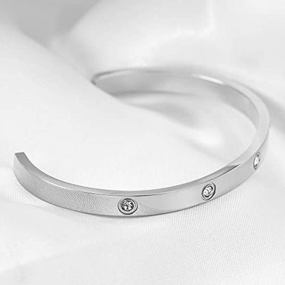 VQYSKO Love Friendship Bracelet Bangle Gold Rose Gold Silver with Cubic Zirconia Stones Stainless Steel Hinged Jewelry with Crystal Oval Bracelet Birthday Present for Her Women Teen Girls - style: 6.5Inch-4MM-Oval-Silver