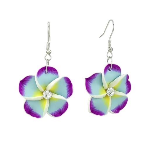 Floral Dangle Earrings for Women Hawaiian Tropical Plumeria Rubra Flower Drop Earrings with Cubic Zirconia Luau Beach Party Vacation Hawaiian Accessories Jewelry Gift - color: Purple