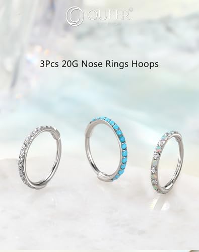 OUFER Turquoise CZ Opal Nose Rings for Women, 316L Surgical Steel 6MM Nose Rings Hoops, Silver Hinged Segment Septum Lip Eyebrow Cartilage Conch Rook Helix Tragus Daith Piercing Jewelry-6/7/8MM - color: Silver, Turqoise, Opal, CZ