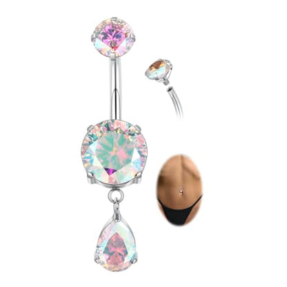 GAGABODY G23 Titanium Belly Button Rings Dangly Belly Ring Navel Piercing Ring Belly Piercing Jewelry 14G 3/8 inch 10mm Navel Barbell CZ - color: Silver+Dangly Waterdrop Shape Clear ABCZ