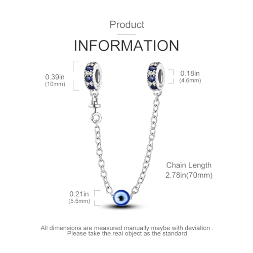 925 Sterling silver Safety Chain Charm for Bracelet Pendants Clip Beads | Infinite Love Butterfly Evil Eye Stopper Spacer dangle Charm for Woman Jewelry Gift - color: Evil eye Chain