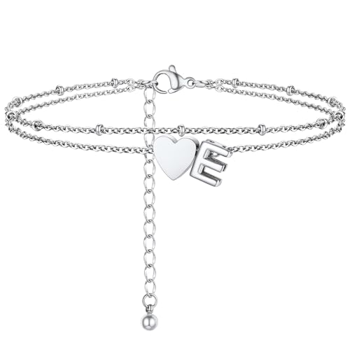 Initial Ankle Bracelets for Women, Dainty Stainless Steel Letter A-Z Layered Anklets, Heart Ankle Bracelet 8.5"-10.5" Adjustable, Summer Beach Jewelry, Come with Box - color: Silver, size: E