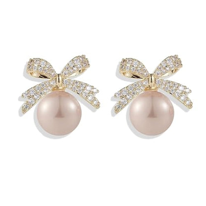 Pearl Bow Earrings for Women Coquette Aesthetic Jewelry Rhinestone Bow Earrings for Bridesmaids Wedding Party Accessories Bridal Costume Accents Bowknot Themed Gifts - color: A2: Bow Earrings Pink Pearl