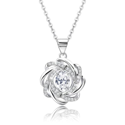 Sterling Silver Oval Necklace for Women Sparkle Cubic Zirconia Oval Shaped Pendant Necklace Hypoallergenic Adjustable Halo CZ Flower Charms Necklace Classic Jewelry Gifts for Wife Mom Bride,20inch