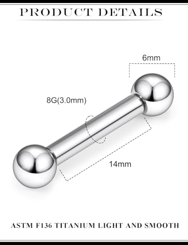 2G 4G 6G 8G 10G 12G 14G 16G Astm F136 Titanium Internally Threaded Nipple Tongue Rings Piercing Jewelry Industrial Straight Barbell Tongue Nipple Ring Bridge Piercing Jewelry For Women Men - size: 8 Gauge-14MM