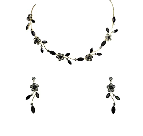 Faship Gorgeous Rhinestone Crystal Floral Necklace Earrings Set - color: Black / gold plated