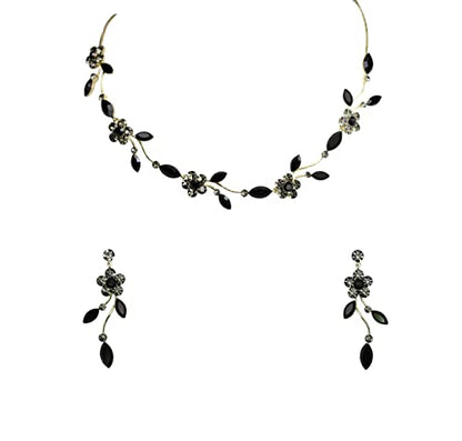 Faship Gorgeous Rhinestone Crystal Floral Necklace Earrings Set - color: Black / gold plated