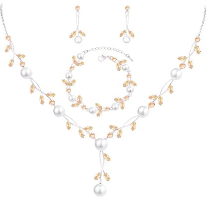 Luxury Cubic Zirconia Aurtrian Crystal Pearl Floral Necklace Dangle Earrings Wedding Bridal Jewelry Set Birthday Gifts for Her - color: Style02-Brown-Silver Plated
