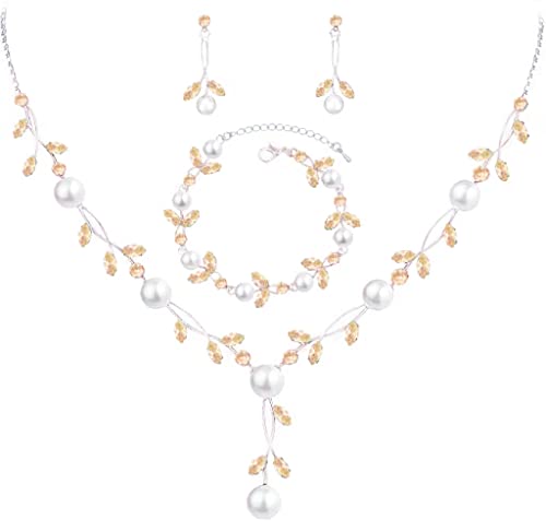 Luxury Cubic Zirconia Aurtrian Crystal Pearl Floral Necklace Dangle Earrings Wedding Bridal Jewelry Set Birthday Gifts for Her - color: Style02-Brown-Silver Plated