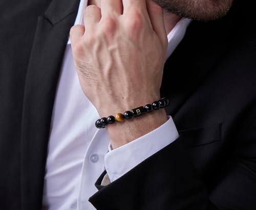FRG Initials Bracelets for Men Letter Link Handmade Natural Black Onyx Tiger Eye Stone Beads Braided Rope Meaningful Bracelet - style: Braided rope-L