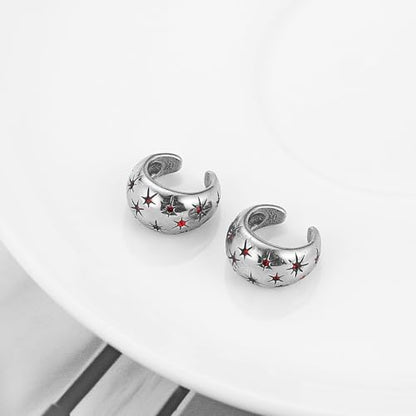 HZMAN Stainless Steel Eight-Point Star Ear Cuff, No Piercing Required Clip On Earring, 1.49cm/0.58in Gothic Geometric Jewelry, Non-Adjustable Ear Climber for Women & Men - color: Red