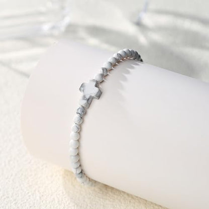 Starain Stone Beaded Anklets for Women Handmade Beach Turquoise Beads Ankle Bracelet Trendy Boho Cross Bead Anklet Jewelry 8 inch Adjustable - color: White