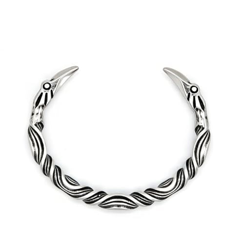 Raven Torc Bracelet for Men Norse Viking Raven Bangle Adjustable Stainless Steel Twisted Viking Jewelry - color: Silver