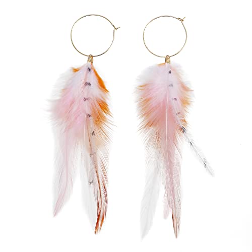 Long Bohemian Pheasant Feathers Statement Earrings Handmade Natural Lightweight Feather Dangle Earrings for Women (ea000067) - color: Pink&Brown