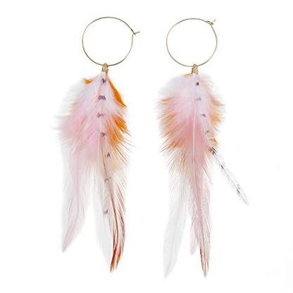 Long Bohemian Pheasant Feathers Statement Earrings Handmade Natural Lightweight Feather Dangle Earrings for Women (ea000067) - color: Pink&Brown