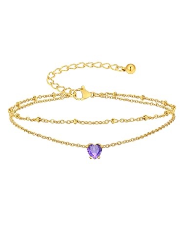 Suplight Gold Plated Butterfly Anklets for Women Waterproof, Layered Boho Ankle Bracelet with Birthstone, Stainless Steel Adjustable Non-Tarnish Heart Foot Jewelry Beach Vacation - color: 02. Heart-Feb. Amethyst