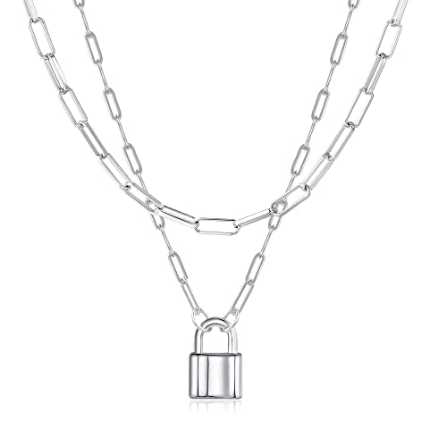 Lock Necklace for Women Paperclip Link Chain Padlock Necklace Non-Tarnish - color: Silver - 2 PCS Layered Lock Necklaces