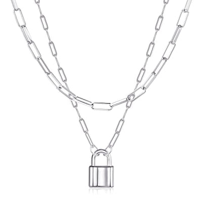 Lock Necklace for Women Paperclip Link Chain Padlock Necklace Non-Tarnish - color: Silver - 2 PCS Layered Lock Necklaces