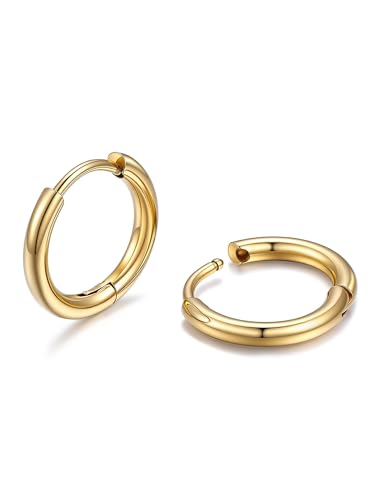 PROSTEEHoop Earrings for Men Women Stainless Steel Silver/Black/14K Gold | Waterproof & Lightweight Sleeper Small Huggie Earring Hypoallergenic Post Cartilage Piercing Jewelry for Mens Dad Gift Box - color: A. Round-14K Gold, size: 10mm