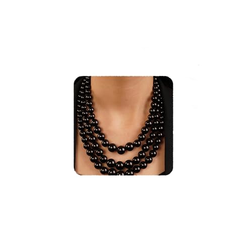 Vintage 1920s Large Collar Choker Necklace & Earring Set - Simulated Pearl Statement & Multi Strand Chunky Pearls Costume Jewelry for Wedding or Special Occasion - color: Black