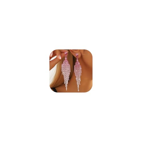 Rhinestone Earrings Prom Earrings for Women Sparkly Long Tassel Chandelier Drop Statement Earring Jewerly Gifts Wedding Party Prom Dresses Accessories - color: A3: pink prom earrings