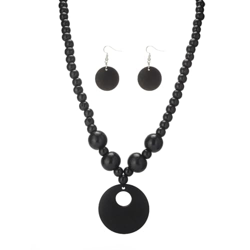 LOTSOF Boho Wooden Beaded Necklace and Earring Set for Women, Bohemian Chunky Statement Costume Jewelry, Round Drop Pendant Retro Ethnic Accessories Ladies Gift - color: Black