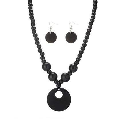 LOTSOF Boho Wooden Beaded Necklace and Earring Set for Women, Bohemian Chunky Statement Costume Jewelry, Round Drop Pendant Retro Ethnic Accessories Ladies Gift - color: Black