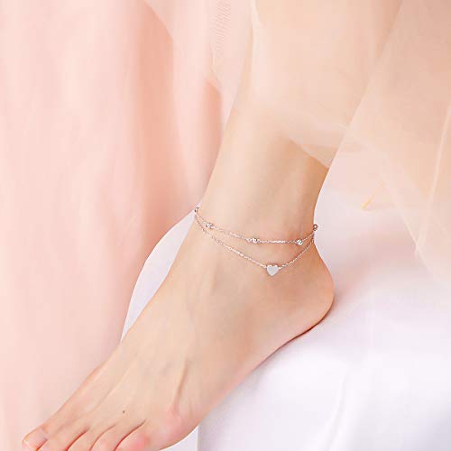 Flyow Anklet for Women S925 Sterling Silver Adjustable Foot Beaded Heart Charm Ankle Bracelet Anklets Jewelry - style: heart charm 9+1