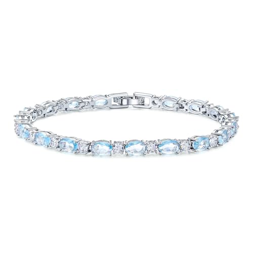 Classic Oval Birthstone Tennis Bracelet for Women - 4 * 6mm Cubic Zirconia Tennis Bracelet Jewelry Birthday Anniversary Wedding Valentine's Day Gift for Her Wife Girlfriend Mom-Size 7.0" - color: 03-Mar-Aquamarine Blue